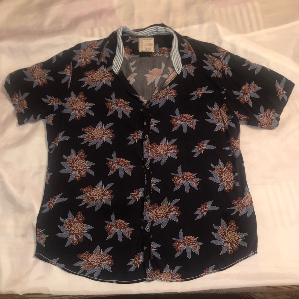 Alexander Julian Black Short-Sleeve Button-Down with Blue and Brown Floral Print
